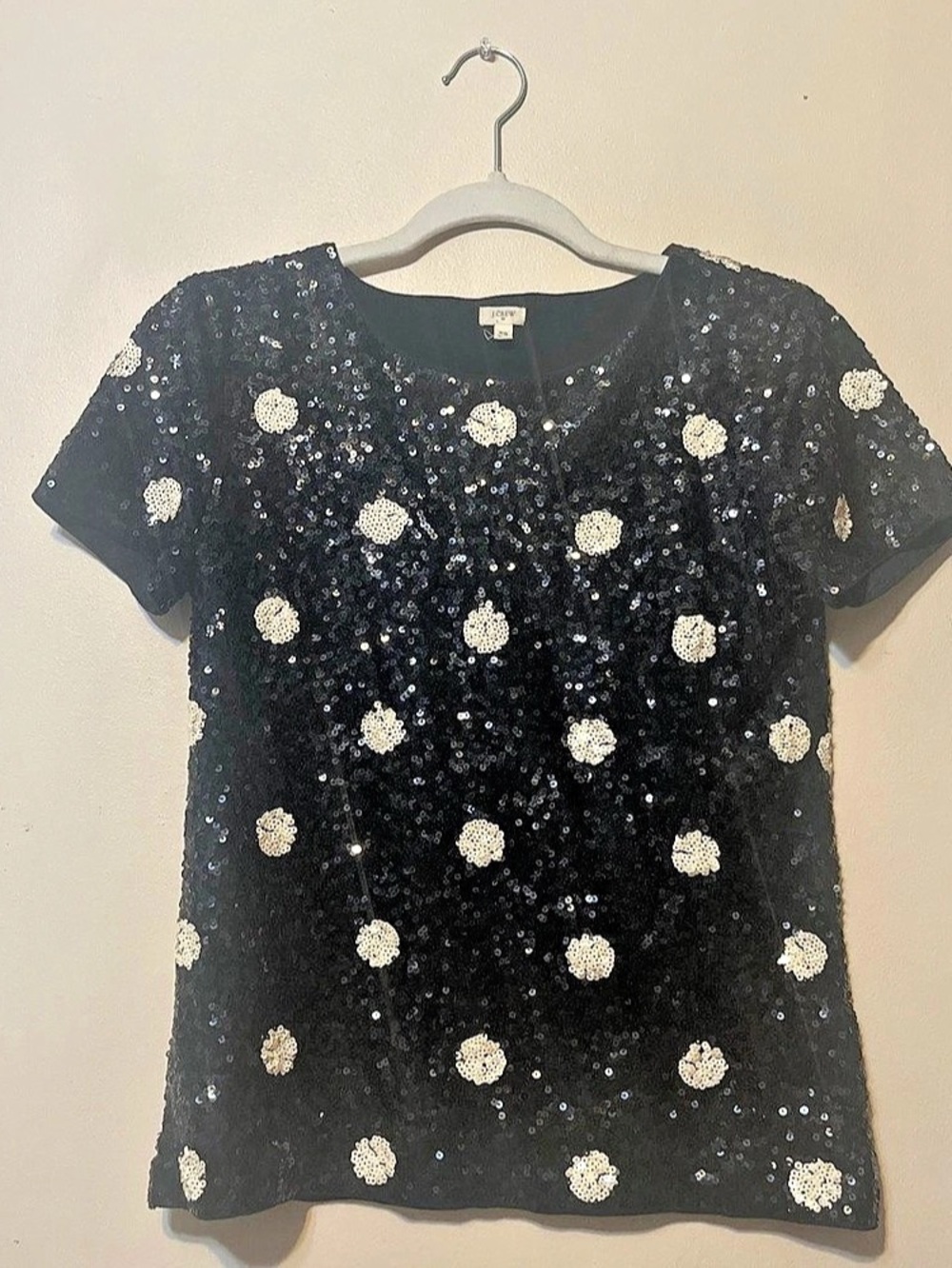 (11) J.Crew Sequin Polka Dot Short Sleeve Top Black & Gold XS